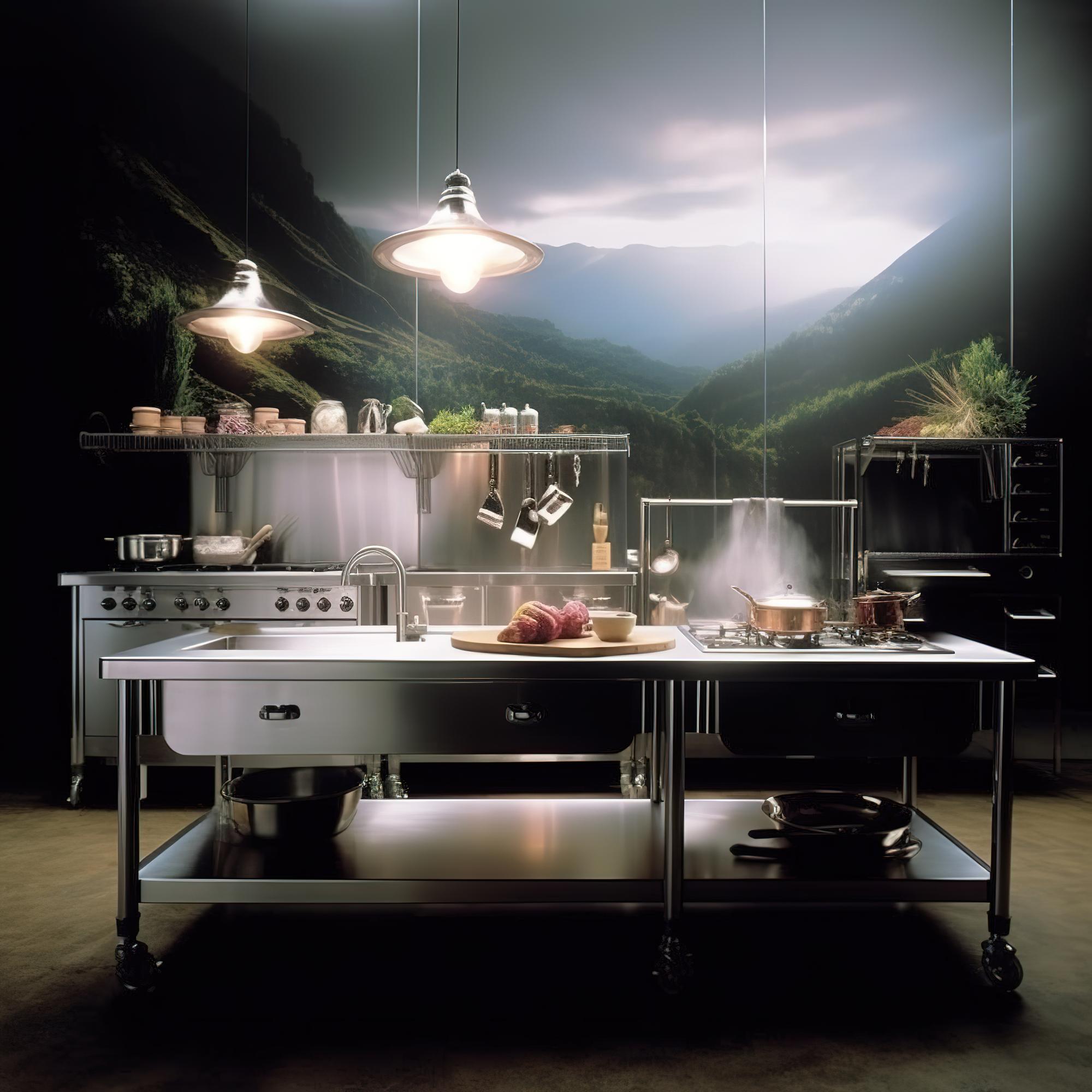 Workshop kitchen with futuristic counters and tools